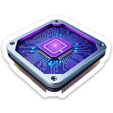 Emoji: A high-tech microchip labeled ‘Roxson AI’ with glowing circuits and neural network connections. The design is sleek, futuristic, and minimalistic, featuring cyberpunk-style blue and neon purple lighting sticker