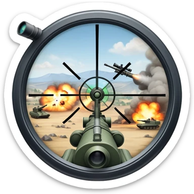 An icon symbolizing first-person shooter games. The design features a circular sniper scope view with crosshairs aimed at a distant target. The background shows a battlefield with soldiers and explosions, capturing the action-packed intensity of FPS games. Transparent background. sticker