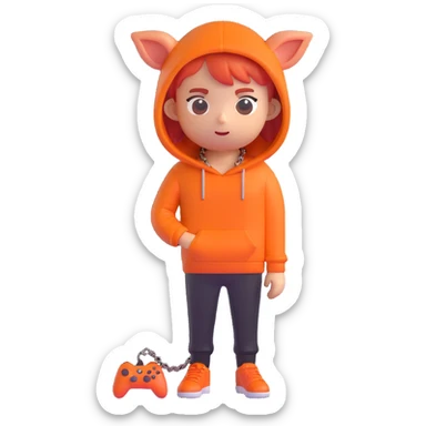 person with bacon hair, very small head, orange hoodie, black trousers, orange shoes, gamer chain around head, 3D emoji style sticker