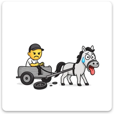 Make the horse cart look broken and add funny, exaggerated emoji expressions to the horse and cart. Keep the style consistent. The style is emoji style. sticker
