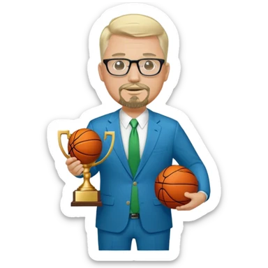Full Body white fat male  wearing glasses with a goatee with light blonde gray very short hair basketball head Coach in blue and green suit holding trophy sticker