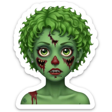 faça uma cabeça verde de zumbi femenina, com im cabelo curtinho cacheado, piercing no nariz, e brincos na orelha sticker
