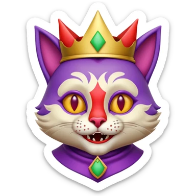 crazy colorful cute little cat jolly joker from poker, medieval, vintage, court jester, mac os icon, purple, gold and red color, half body. Squared shape as 3D mac os icon, symmetrical sticker