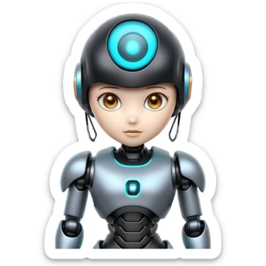 Cute futuristic chibi humanoid robot with large rounded head, add text on chest "LMX", glossy black and grey metal body, glowing cyan and amber eyes, visible joints, confident pose, white background, high-detail 3D render,  sticker