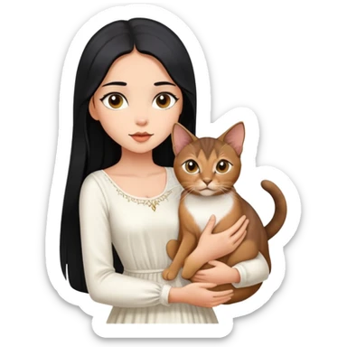 A beautiful girl with long black hair wearing a white dress holds an Abyssinian cat in her arms sticker