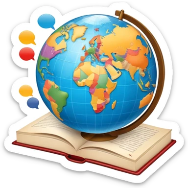 An icon featuring a globe with speech bubbles in different languages, symbolizing the study of foreign languages. The design includes a book and a pencil, representing learning and communication across cultures. Transparent background highlights the global nature of language education. sticker