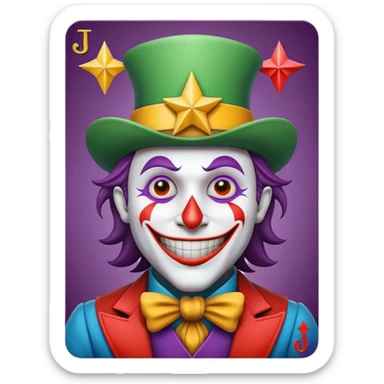 1 poker card, perfectly squared card, with crazy colorful human jolly joker inside, star symbol with a "J" sticker