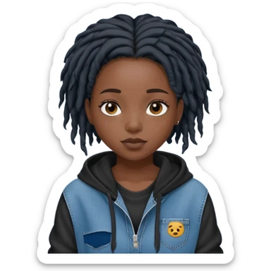 make a black girl with short pitch black locs wearing a denim hoodie with black sleeves sticker