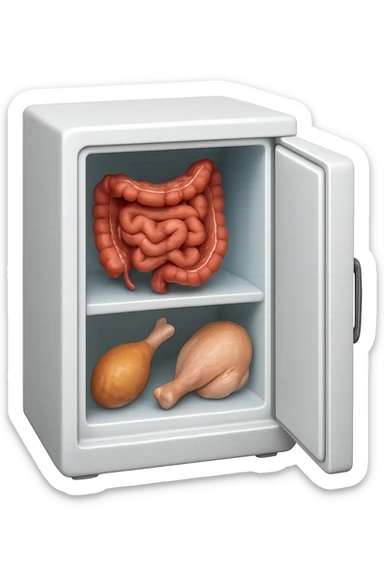 emoji stile iphone DI UN CONGELATORE CON INTESTINO realistico DENTRO INSIEME A PORZIONI DI POLLO E TACCHINO, iperrealistico 4k sticker