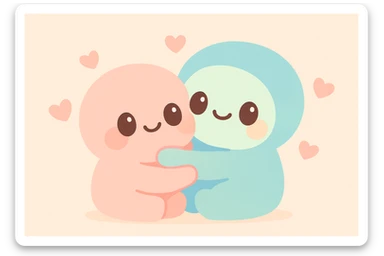 a warm hug between two cute characters, soft colors, adorable expressions, heartwarming scene sticker