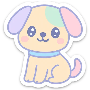 {
  "style_description": {
    "overall_look": "Cute, minimal, and soft with a friendly and playful tone",
    "material_simulation": {
      "primary_material": "flat digital color",
      "texture_detail": "smooth surfaces with no texture or shading",
      "pattern": "none or very simple decorative accents (e.g., hearts, stars)"
    },
    "geometry": {
      "edge_style": "rounded, soft curves with no sharp angles",
      "dimensionality": "flat two-dimensional appearance with simple shapes"
    },
    "color_palette": {
      "scheme": "pastel and light tones",
      "preferred_colors": ["pink", "mint", "lavender", "baby blue", "peach"],
      "contrast": "low contrast with bright accents"
    },
    "facial_features": {
      "eyes": "large, sparkly, often oval or circular",
      "mouth": "small, often a simple curve or dot",
      "expression": "joyful, innocent, or calm"
    },
    "lighting": {
      "type": "none or implied with soft highlights",
      "purpose": "maintain a clean and cheerful look"
    },
    "render_constraints": {
      "avoid": ["realistic shading", "high detail", "dark themes", "texture noise"],
      "focus_on": ["cute expression", "iconic simplicity", "emotional warmth"]
    },
    "background": {
      "color": "white or soft pastel",
      "style": "plain or patterned with simple icons (e.g., polka dots, stars)",
      "lighting_consistency": "no shadows, evenly lit feel"
    }
  }
}

{subject} = dog sticker