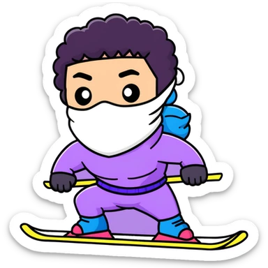 shirtless athletic man with white skin and black curly hair, wearing a purple ski mask sticker