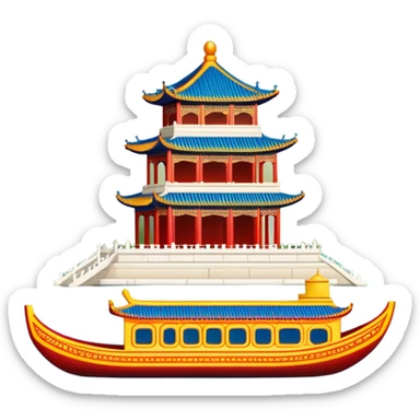Summer Palace Beijing with marble boat, simplified emoji style with bold outlines and bright colors, cartoon style traditional Chinese palace on lake sticker