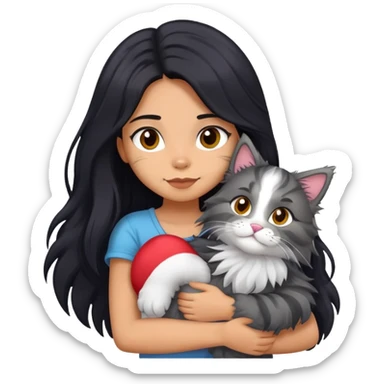Girl with long black hair hugging a gray fluffy plush toy and a tricolor Maine Coon cat sticker