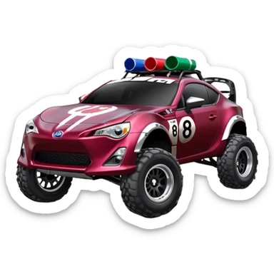 Extended wheelbase 2013 scion fr-s dark black cherry off road 4wd monster Baja dessert stadium racer number 86 with long travel suspension, shiny silver wheels, exaggerated black fender flares, made out of discarded Pepsi cans  sticker