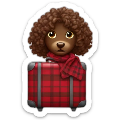 Chocolate colored doodle with wavy hair wearing a red and black flannel handkerchief with a carryon suitcase sticker