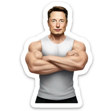 elon musk exercising his biceps with dumbbell and  he is wearing sando of white color and is looking jacked sticker