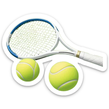 A tennis racket and ball placed on the grass court, with the lines of the court clearly visible in the background. The scene captures the essence of the sport, highlighting the equipment and the vibrant, open atmosphere of a tennis match sticker