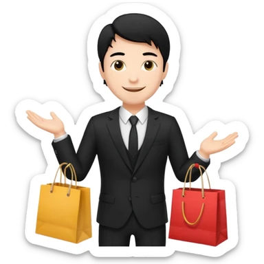 elegant man black hair in a black suit with clothing shopping bag sticker