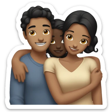 Three friends !  hugging each other warmly. One friend has fair skin and straight black hair, another has dark skin with black hair styled in a low bun, and the third has tan skin with wavy black hair.” sticker
