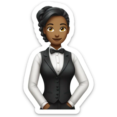 a female butler with a professional and elegant demeanor. She has her hair neatly tied in a ponytail and wears a classic butler uniform, including a tailored vest, crisp white shirt, and bow tie. sticker