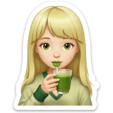 a girl have long blonde hair with bangs drinking matcha sticker