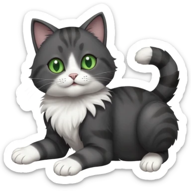 solid dark grey cat with green eyes, white toes/paws and white patch on her chest playfully rolling upside down sticker