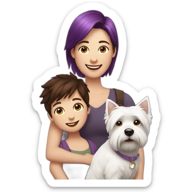 Family picture woman with purple hair, aduld son with dark brown hair and cute West Highland White Terrier sticker