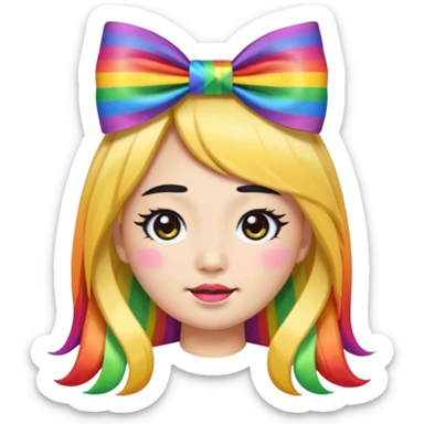 asian emoji face with long hair with very thick black eyeliner and rainbow bow on head and tacky sticker