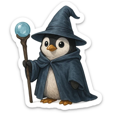a penguin dressed as a wizard, wearing a pointed hat and holding a magic staff sticker
