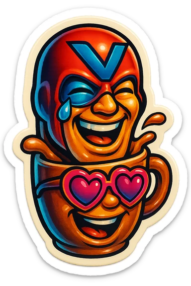 superhero head, coffee creature, heart glasses, laughing with tears in eyes sticker