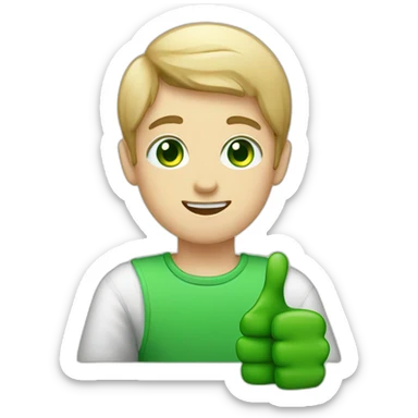 boy doing thumbs up with green eyes and dyed white sticker