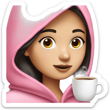 Brunette girl emoji that wears pink robe with white lines,light pink colored headphone,fair skin and almost black hair looking at her pink macbook with a cup of coffee sticker