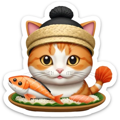 cat wearing a hat made out of sushi sticker