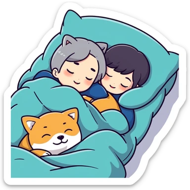 Create a short hair gray hair girl sleeping cuddling with a ton of shiba sticker