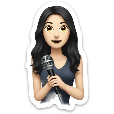 a woman with long black-brown hair, hazel eyes, pale skin, singing into a microphone sticker