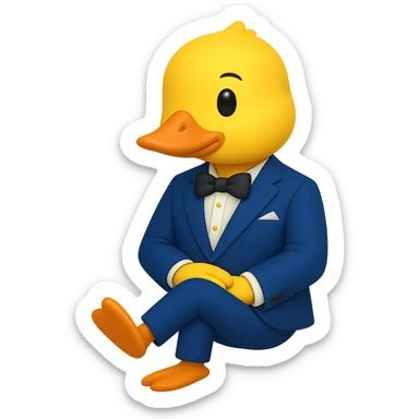 Create a gentlemanly yellow duck in a blue suit, sitting with crossed legs, in the style of apple emojis, with no background. sticker