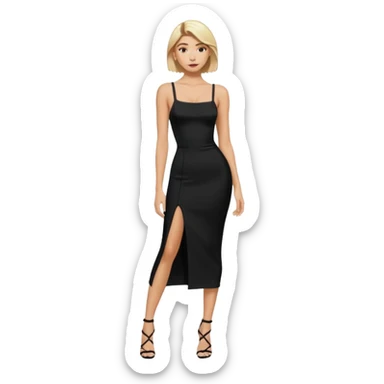 Hailey bieber cheveux court blond voir tout le corps et avec une robe longue serré noir avec des bretelles  sticker