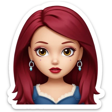 Bratz doll with dark red hair and a beauty mark above lip sticker