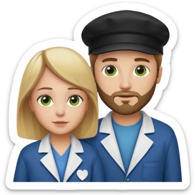 a blonde bearded guy wearing black cap, tall, fair skinned, brown eyes,  looking into the girls eyes who is short than him having green eyes and brown hair, who is in love with the guy, girl is wearing a lab coat, guy is wearing a brown jacket and blue jeans sticker