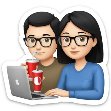 Hombre blanco con gafas, pelo negro tomando un refresco frente a un ordenador con ropa de sport, mujer rubia en la pantalla del ordenador tomando café sticker