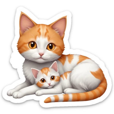 full body of very small + skinny ginger and white kitten with deep orange eyes and triangular shaped face lying down cuddling a grey and white kitten who is a bit bigger than him sticker
