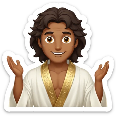 Cinematic Realistic Hercules Portrait, head tilted dramatically with an exaggeratedly amused expression, featuring expressive eyes and a hint of a roguish smile. His bronze, marble-like skin and thick, wavy dark hair, rendered with classical artistry, complement his flowing white robe adorned with delicate golden accents, all brought to life with dynamic natural lighting that captures a rare, playful moment from an enduring legend. sticker