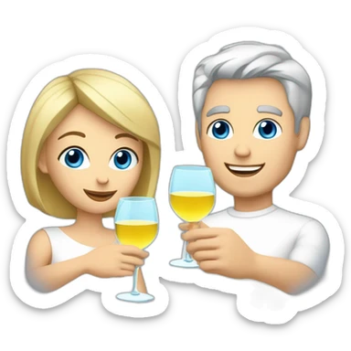 caucasian woman with brown eyes and blond short hair and a caucasian man with blue eyes and grey hair, toasting with a glass of white wine sticker