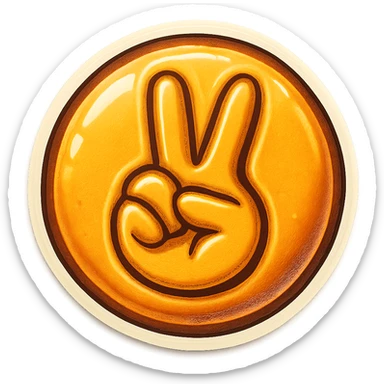 retro sticker style icon of a dalgona candy with a playful and bold peace sign pressed in the center sticker