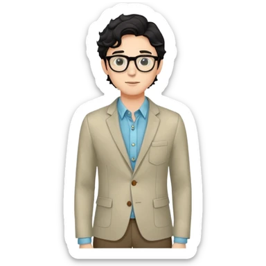 Young caucasian man with black wavy hair, round glasses, wearing semi-formal attire for theater - button-up shirt, blazer, nice pants sticker