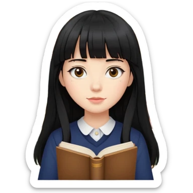 lecture girl with straight bangs fringe long black color hair with lots of books sticker
