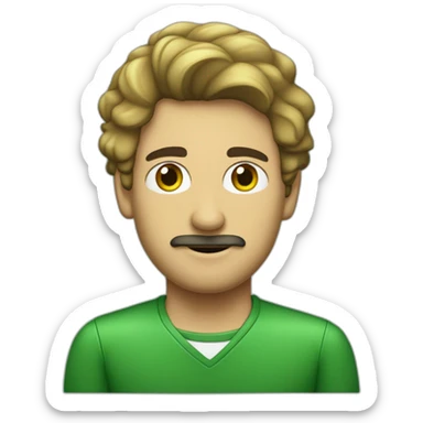 Hombre español de pelo corto, lacio, con raya al lado, maestro de primaria, con una pizarra verde de fondo. sticker