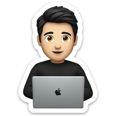     memoji of a man with a laptop in front, apple-style,modern,dark hair,black sweater,computer in hand,white skin, an avatar image gonna be round  sticker