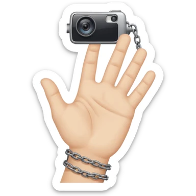 Minimalist emoji-style sticker of a human hand bound by a chain leading to a video camera. Icon-like, clean silhouette, muted tones. sticker